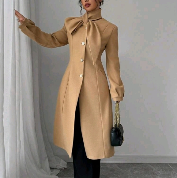 Women's Solid Color Self-Tie Collar Single-Breasted Long Elegant Coat - Picture 2 of 5